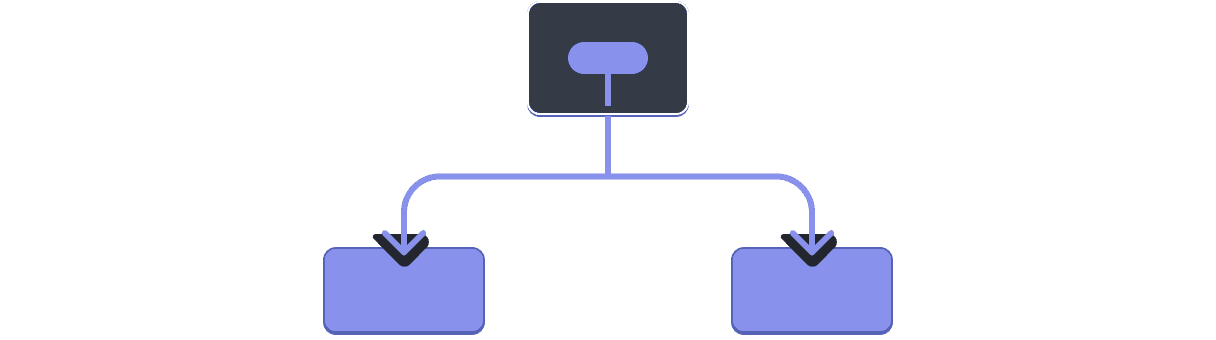 Diagram with a tree of three components. The parent contains a bubble representing a value highlighted in purple. The value flows down to each of the two children, both highlighted in purple.